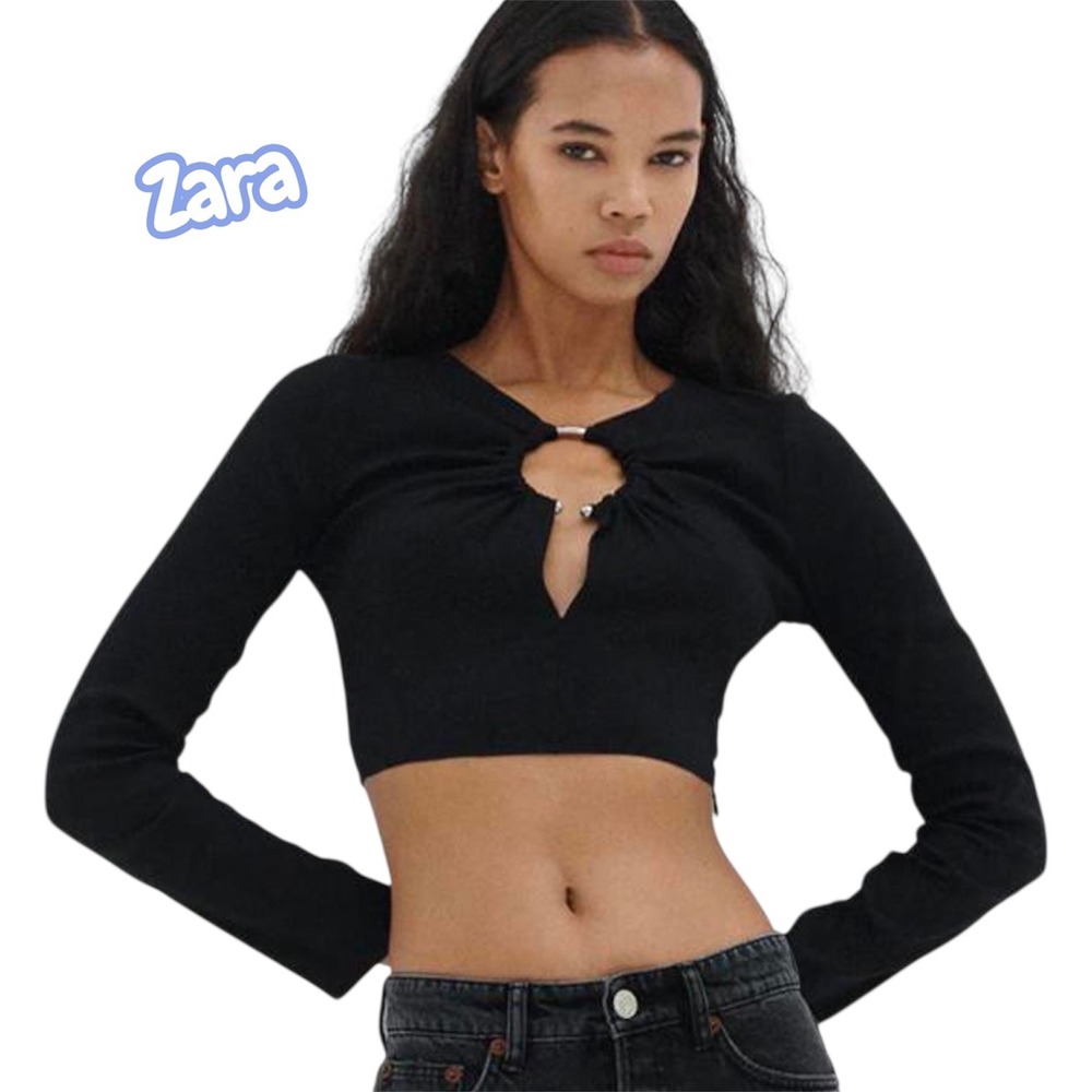 ZARA Black Ribbed Cutout Ring Detail Long Sleeve Crop Top Size S